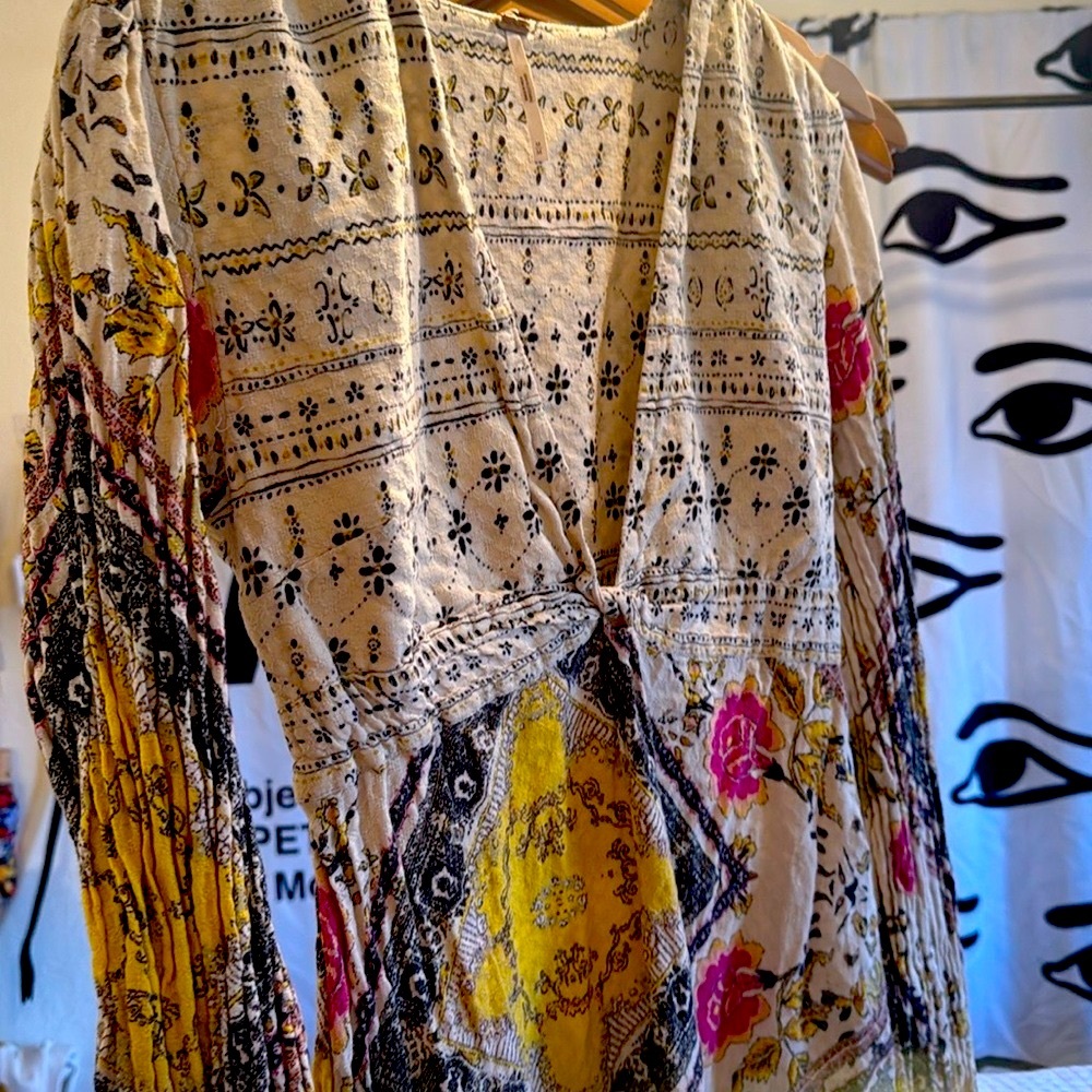 Free People Yellow and Red Casual Sheath Dress with Plunge Neckline - Picture 3 of 4